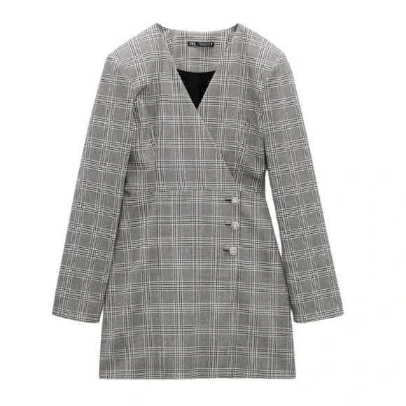 Zara Black & White Plaid Wrap Front Rhinestone Button Blazer Mini Dress - XS - Picture 4 of 16